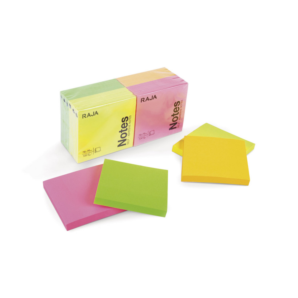 RAJA Notes repositionnables 76 x 76 mm - Assorties Non - Lot 12 blocs de 100 feuilles