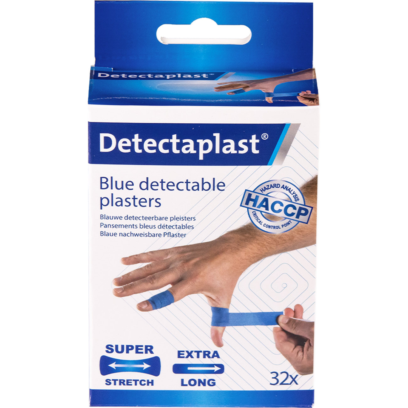 Detectaplast Pansement adhésif détectable bleu Super Stretch en textile - HACCP - Format Extra long - Assortiment - Boîte de 32