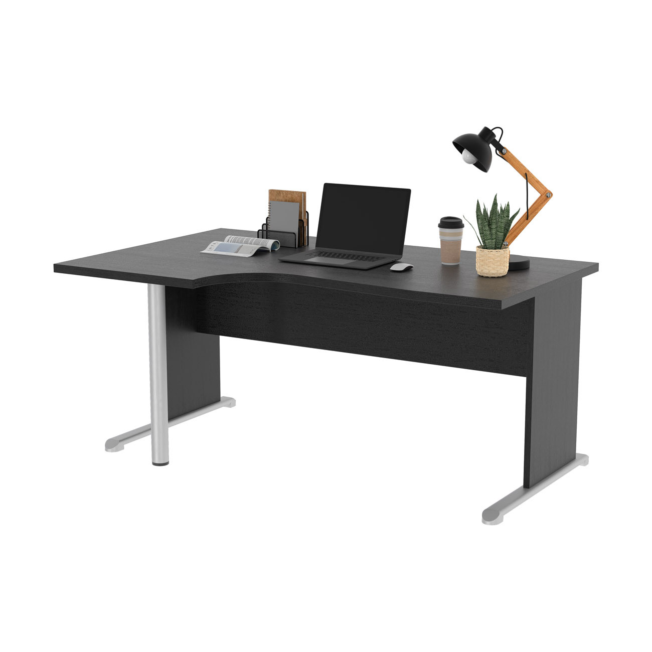 Bureau d'angle compact retour à gauche Pronto Bois - L.160 x P.100 cm - Plateau Noir - Pieds L Noir