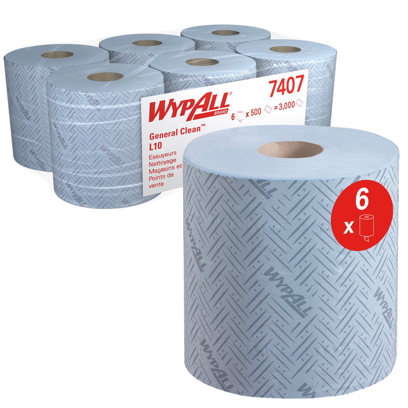 Wypall L10 Papier d'essuyage simple épaisseur 500 feuilles 185 mm - 7407 - Bleu - Lot de 6 bobines de 190 m