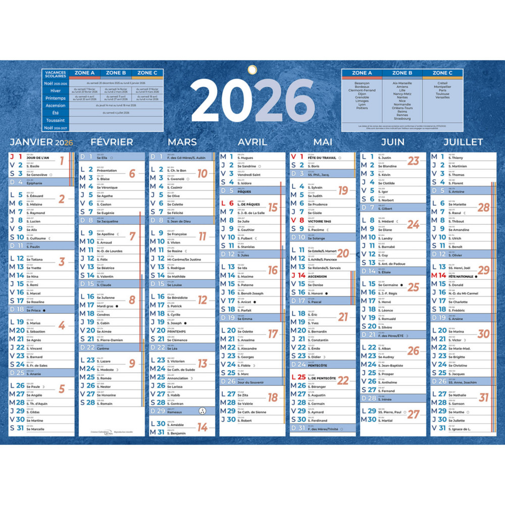 Bouchut Calendrier mural annuel (7 mois / face) - Bleu - 32 x 42 cm - 2026