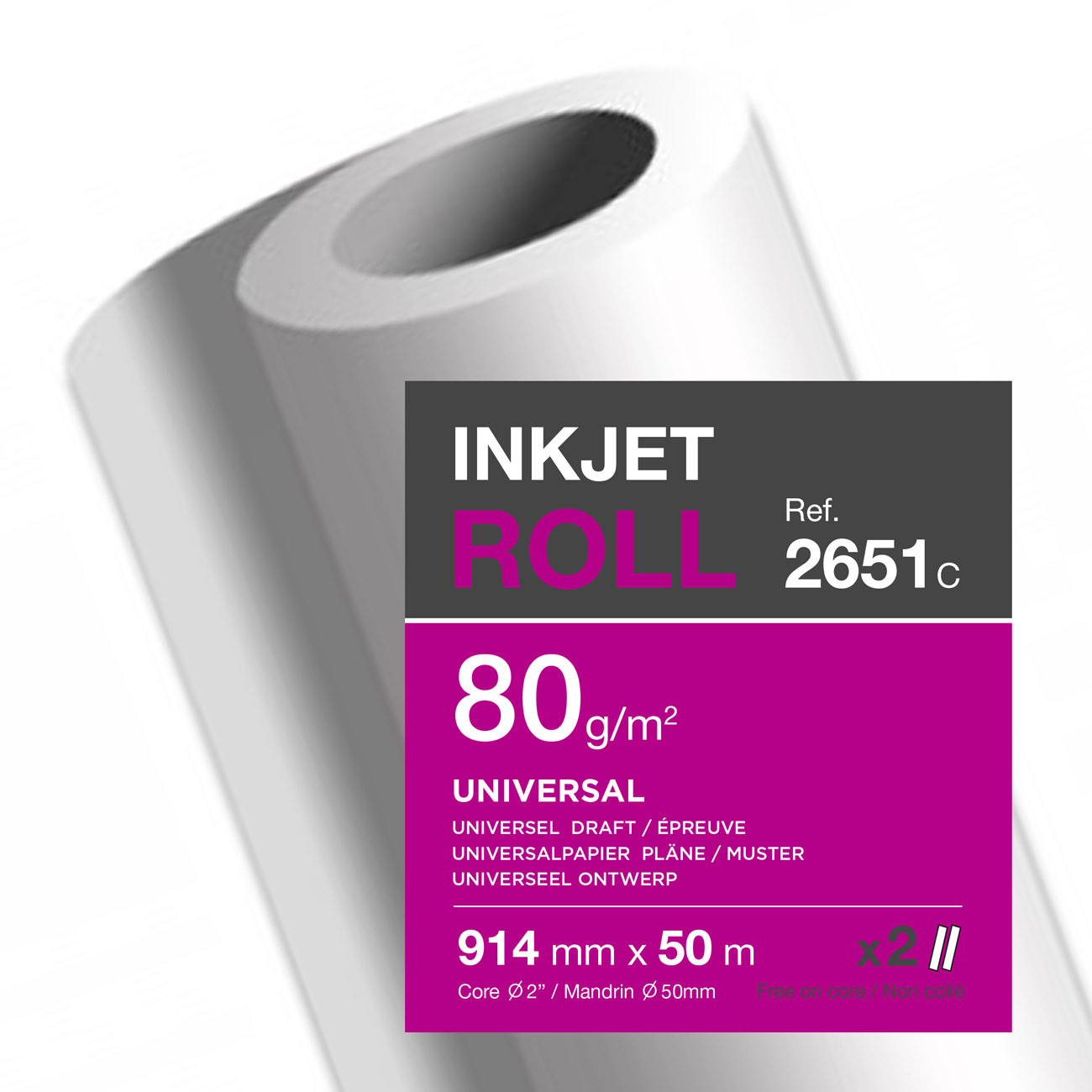 Clairefontaine Rouleau de papier blanc mat pour traceur jet d'encre - Format 0,914 x 50m - 80g - Mandrin de 5 cm - Lot de 2