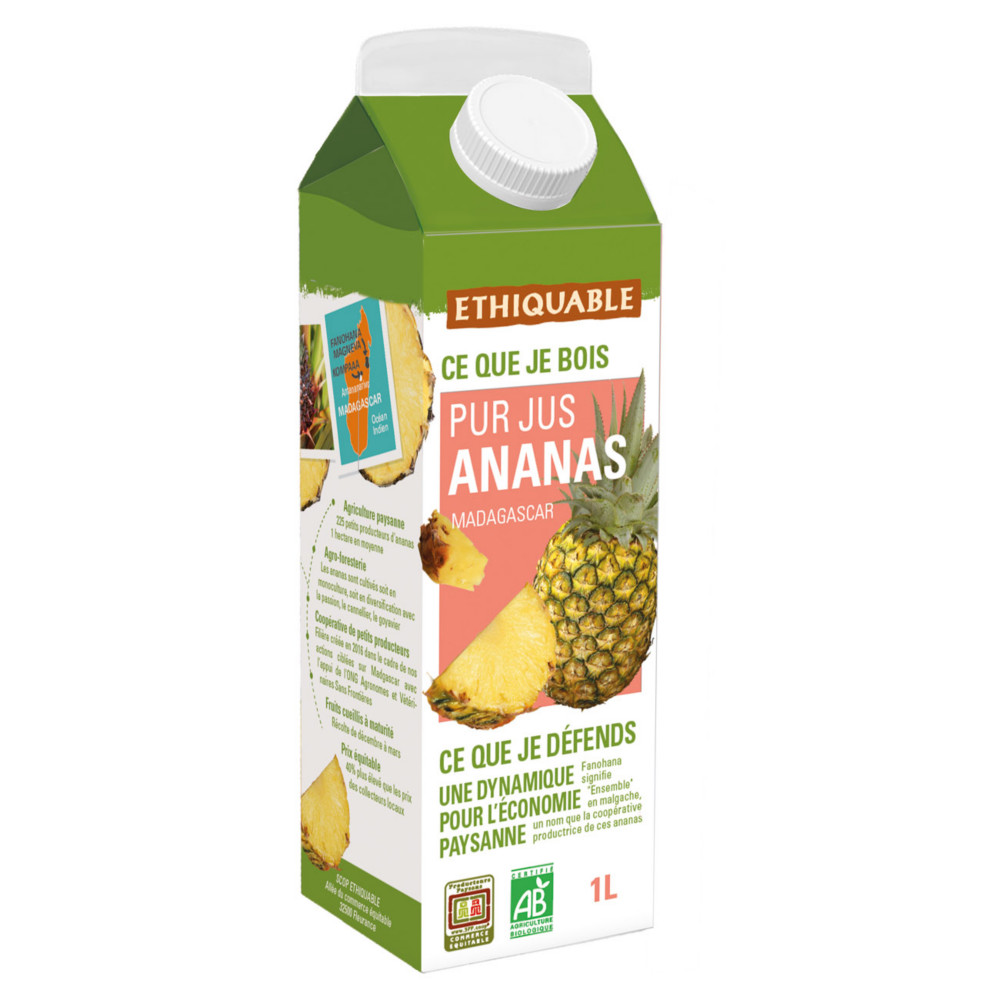 Ethiquable Pur jus d'ananas Bio et quitable 1 L - Lot de 8