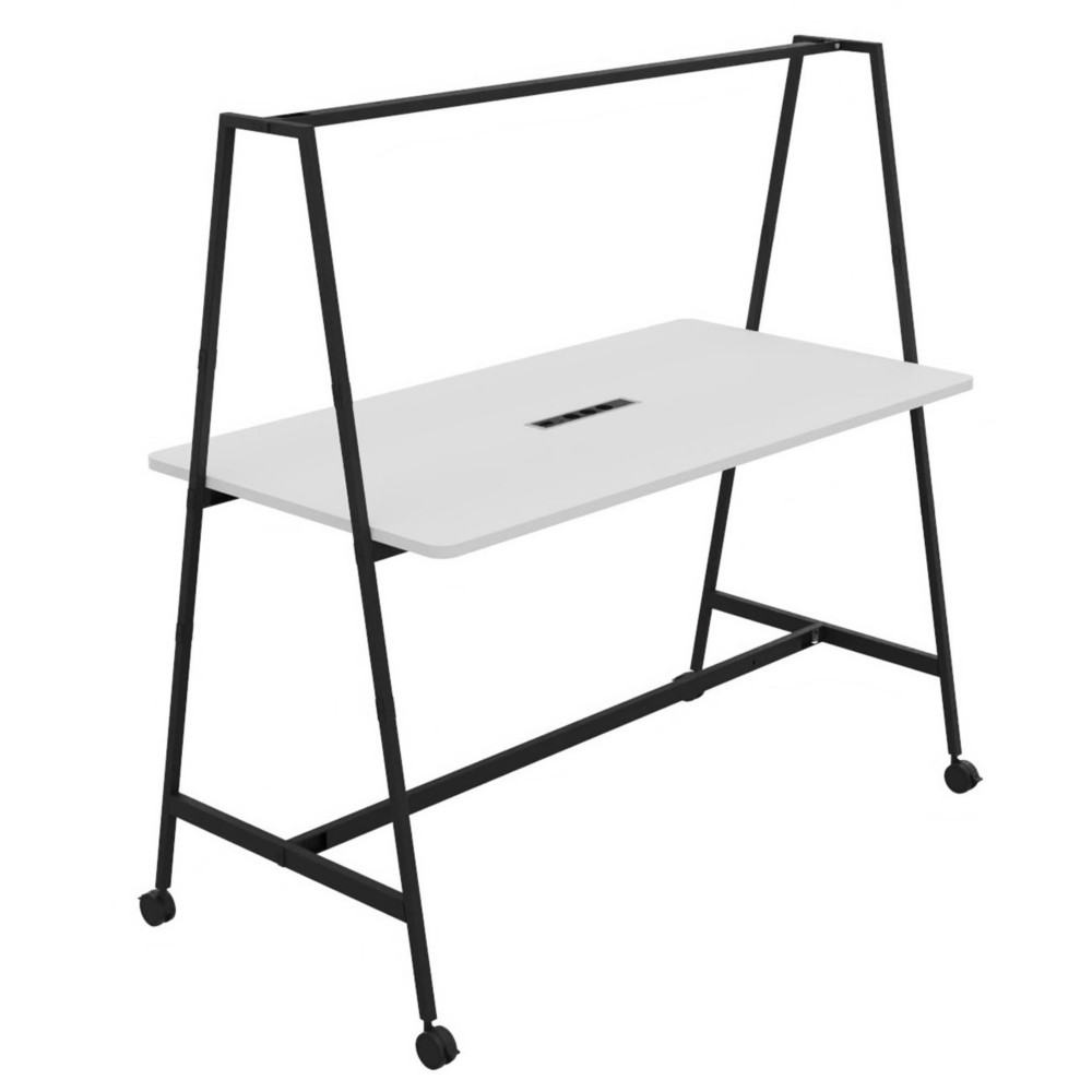Table de coworking mobile rectangle Alto avec lectrification - H. 105 x L. 180 x P. 90 cm - Plateau Blanc - Pieds Noir