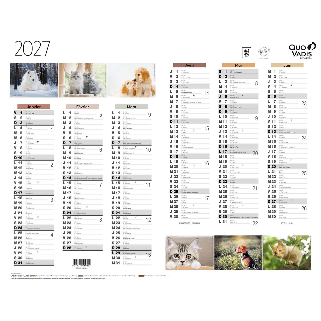Quo Vadis Calendrier annuel 6 mois par face 43 x 33,5 cm - Chiens et Chats - Janvier à Décembre 2027