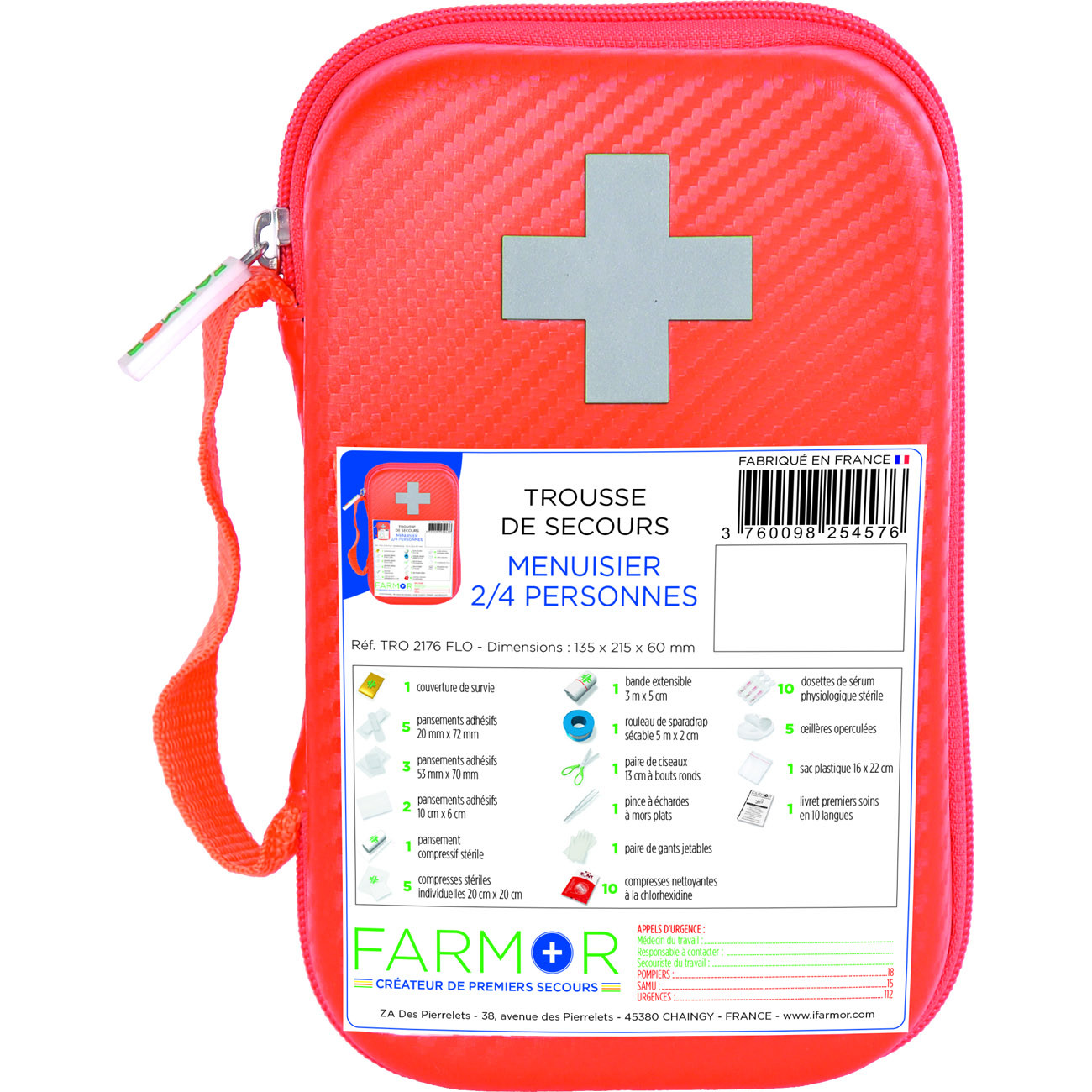Farmour Trousse de secours Menuisier 2 à 4 personnes - Malette semi-rigide imperméable Orange