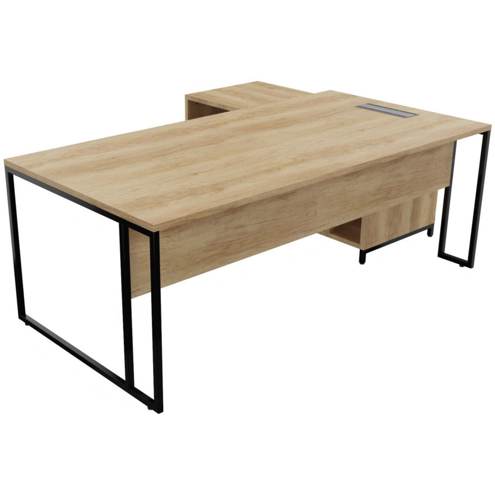 Bureau manager retour  droite Skyline - L.200 x P.100 cm - Plateau Chne Nebraska - Pieds Noir