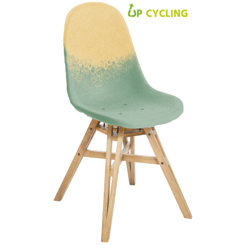 Chaise upcycle Ida coque plastique Paille et Galet - 4 pieds bois Chne massif