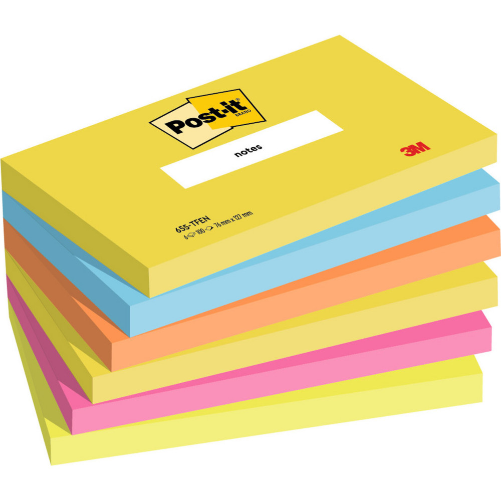 Post-it Notes repositionnables Energetic 76 x 127 mm - Assorties - Lot 6 blocs de 100 feuilles