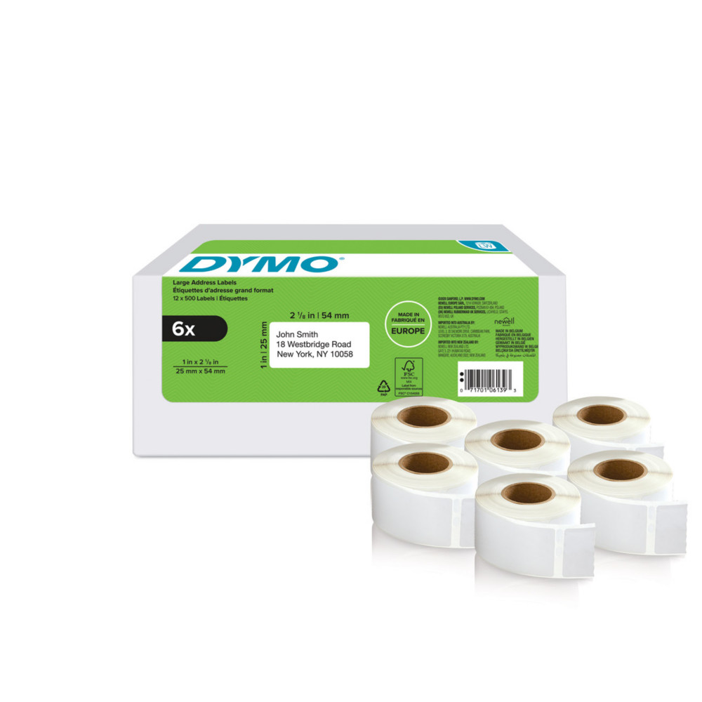 Dymo 2177564 tiquettes d'Adresse Labelwriter grand format 25 x 54 mm - Bote de 6 rouleaux de 500 tiquettes