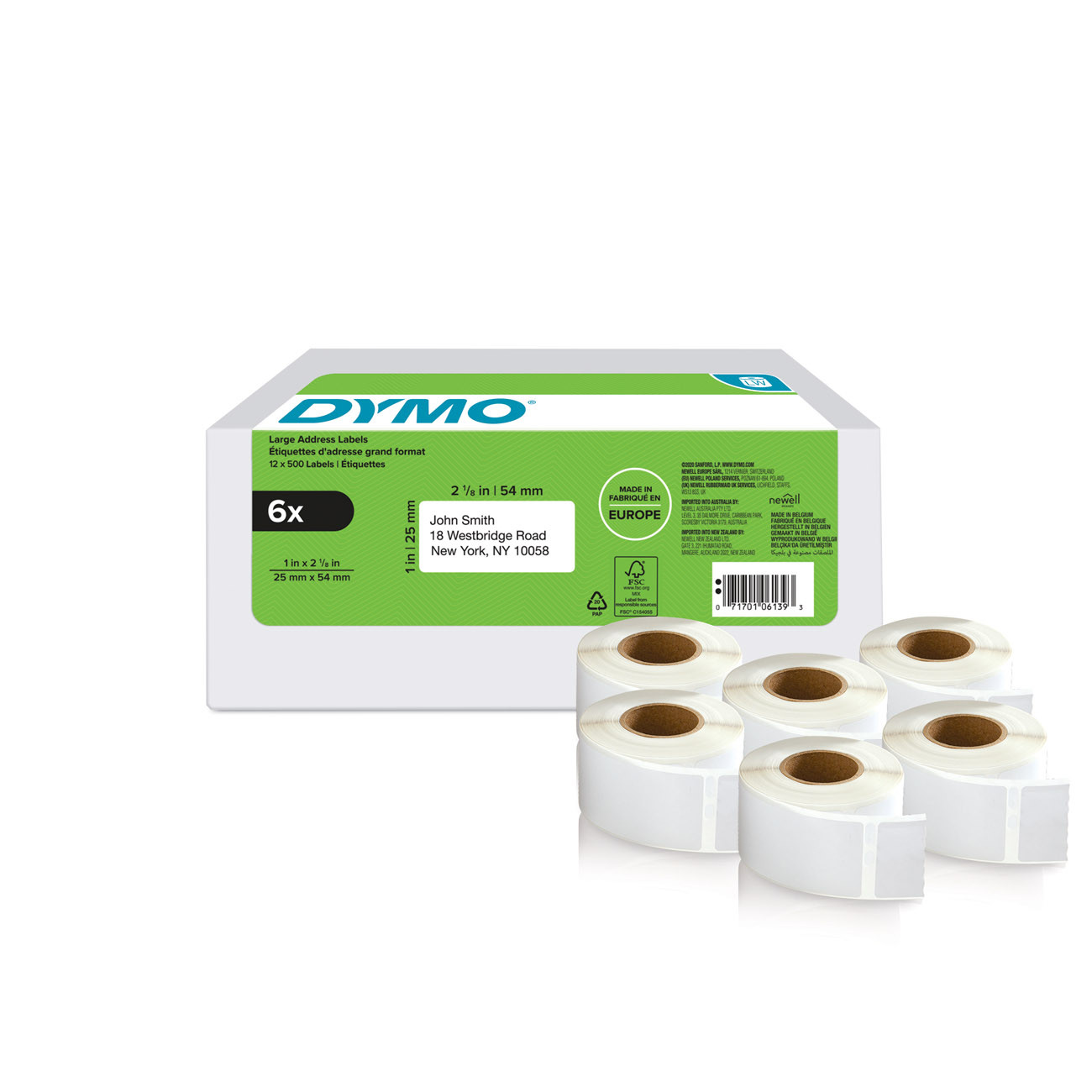Dymo 2177564 Étiquettes d'Adresse Labelwriter grand format 25 x 54 mm - Boîte de 6 rouleaux de 500 étiquettes