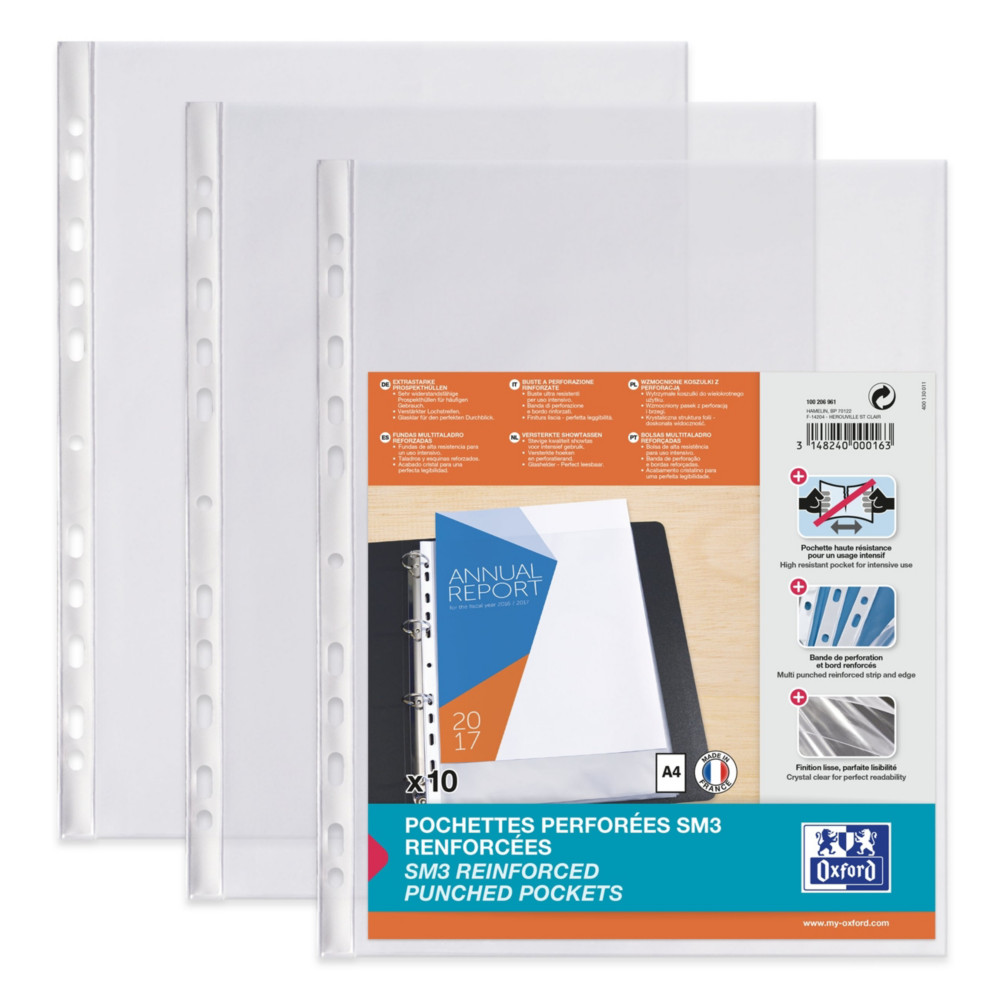 Oxford Pochettes perfores transparentes SM3 A4 PVC lisse - Lot de 10