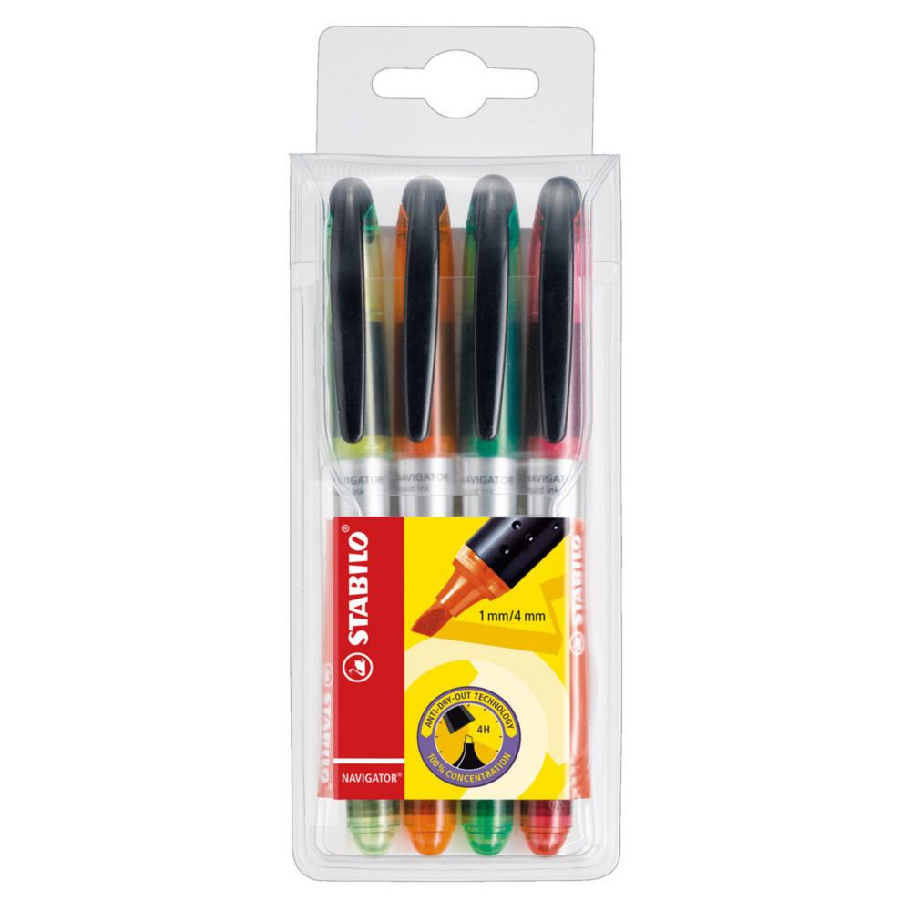 STABILO NAVIGATOR Surligneur pointe biseaute 1et4mm - Coloris assortis - Pochette de 4