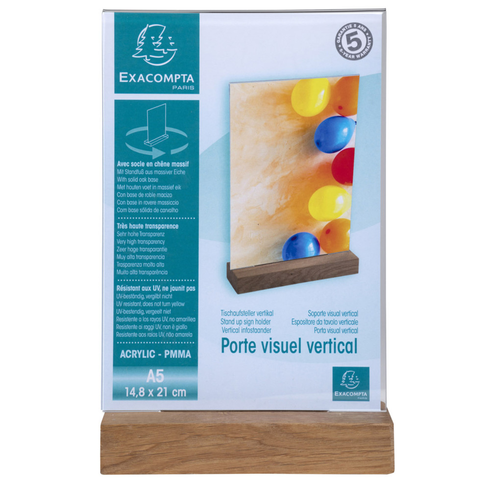 Exacompta Prsentoir de document vertical A5 Cristal avec socle en bois - Transparent