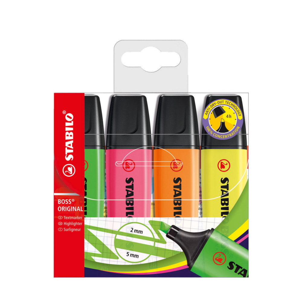 STABILO Boss Original - Surligneur pointe biseaute 2 et 5 mm - Coloris assortis - Pochette de 4