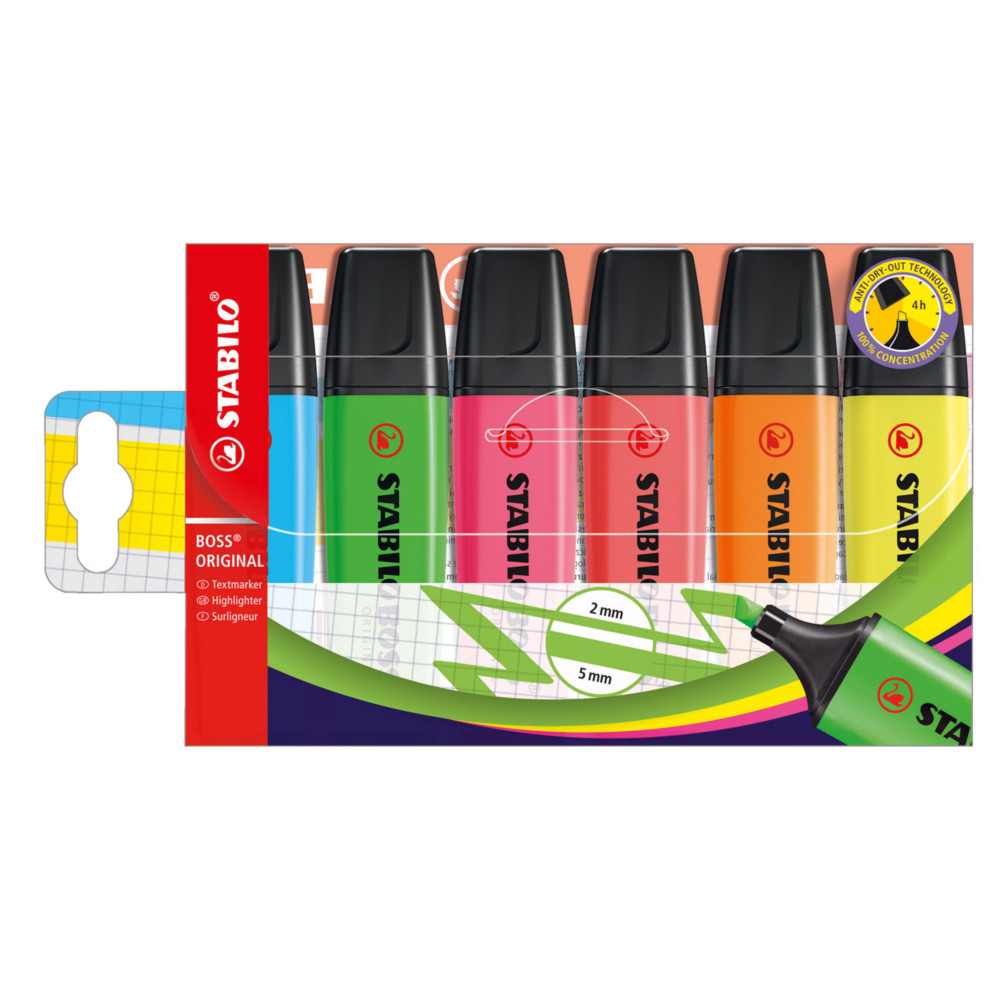 STABILO BOSS ORIGINAL Surligneur pointe biseaute 2 et 5 mm - Coloris assortis - Pochette de 6