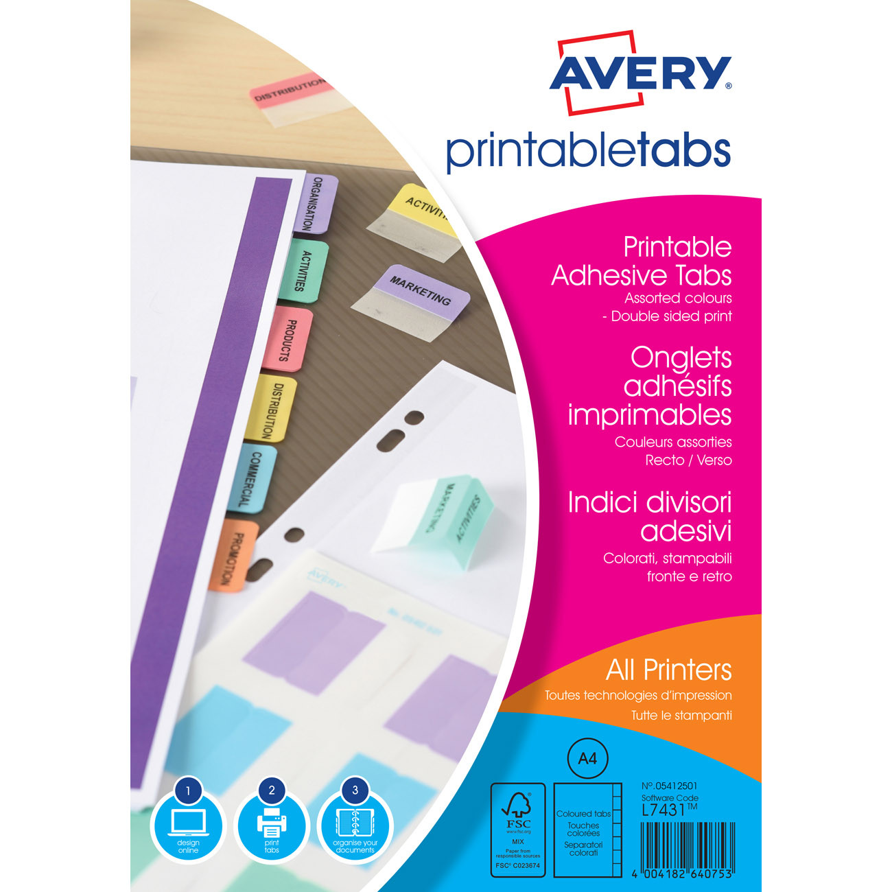 Avery Onglets adhésifs repositionnables et imprimables recto-verso - Lot de 96 - Couleur pastel