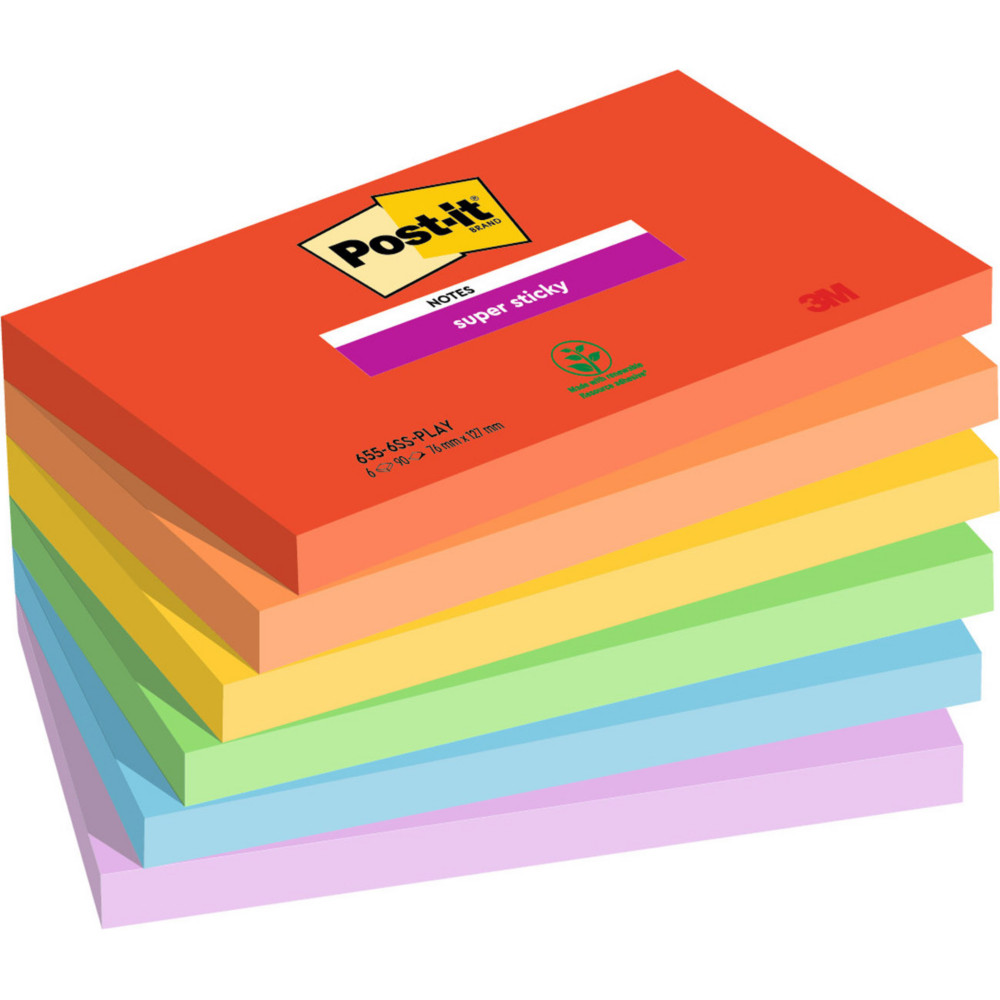 Post-it Notes repositionnables Super Sticky Playful 76 x 127 mm - Assorties - Lot 6 blocs de 90 feuilles