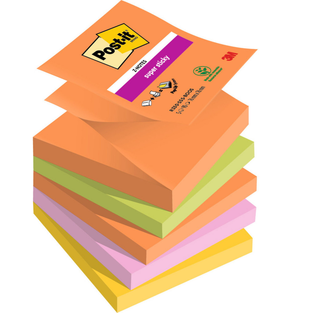 Post-it Notes repositionnables Z-Notes Super Sticky Boost 76 x 76 mm - Assorties - Lot 5 blocs de 90 feuilles
