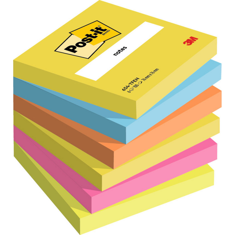 Post-it Notes repositionnables Energetic 76 x 76 mm - Assorties - Lot 6 blocs de 100 feuilles