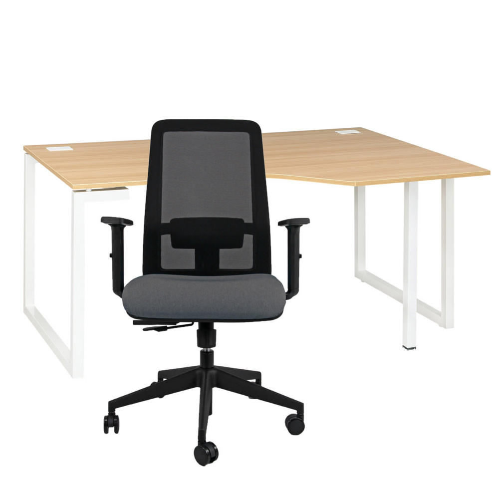Pack bureau d'angle compact retour  droite Vitaly L.160 x P.105 cm Chne pieds Blanc + sige Naa maille Anthracite