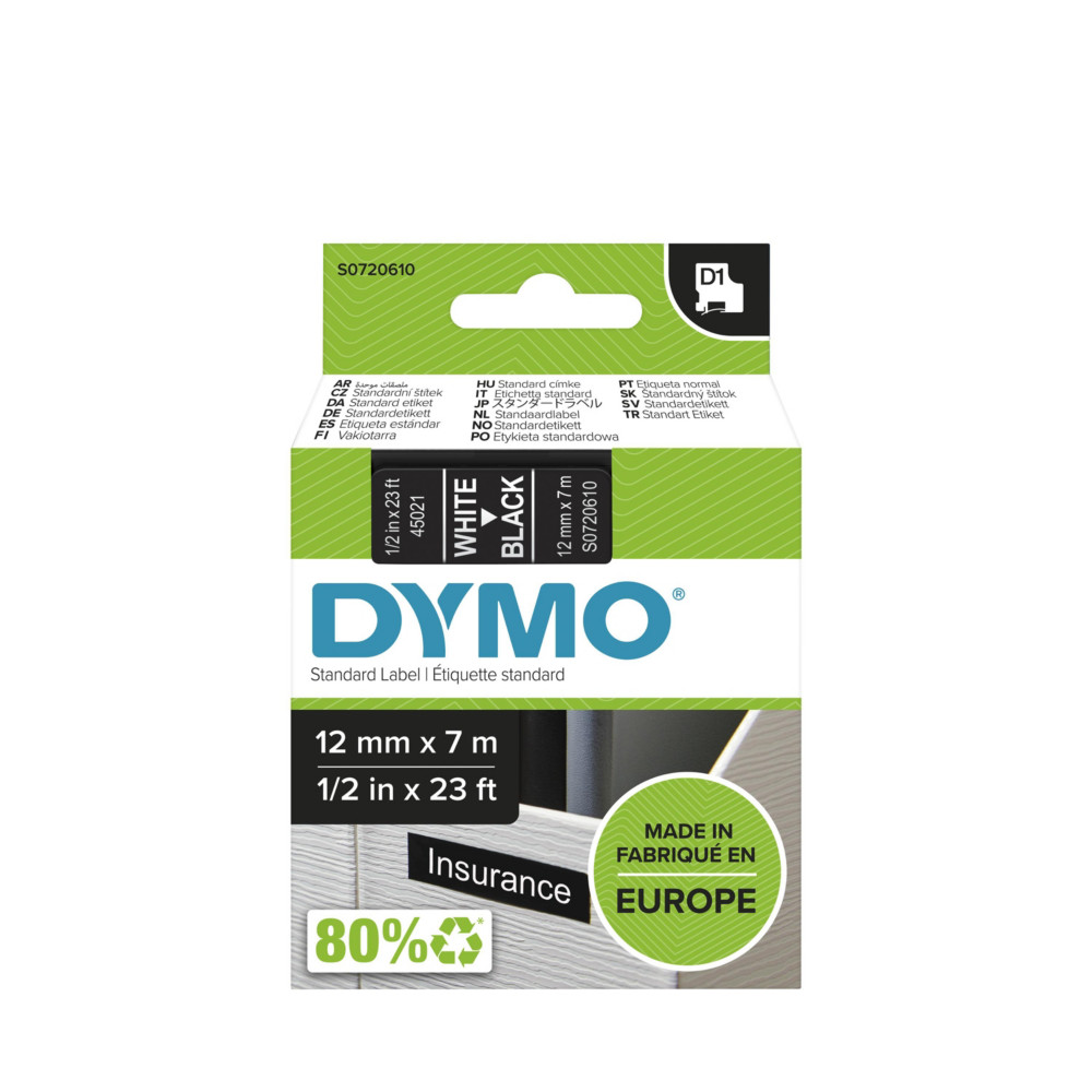 Dymo Ruban D1 S0720610 pour tiqueteuse - 12 mm x 7 m - Blanc sur Noir
