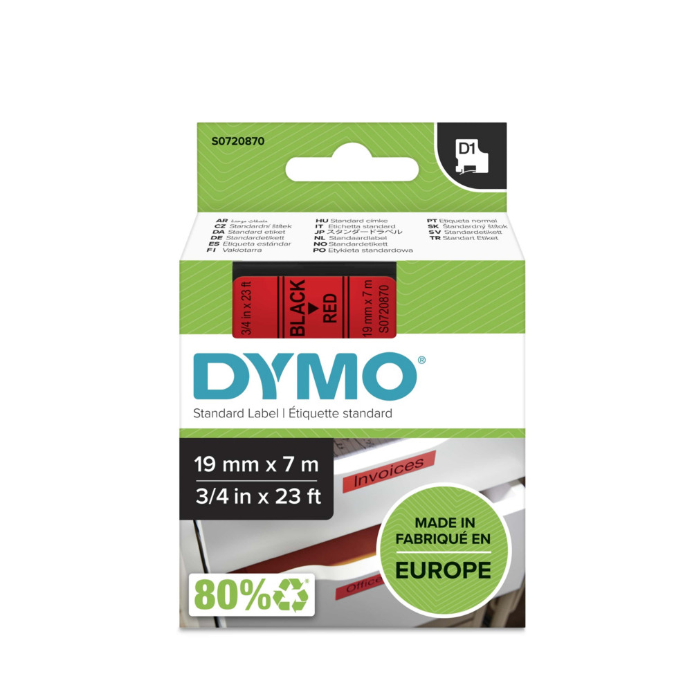 Dymo Ruban D1 S0720870 pour tiqueteuse - 19 mm x 7 m - Noir sur Rouge