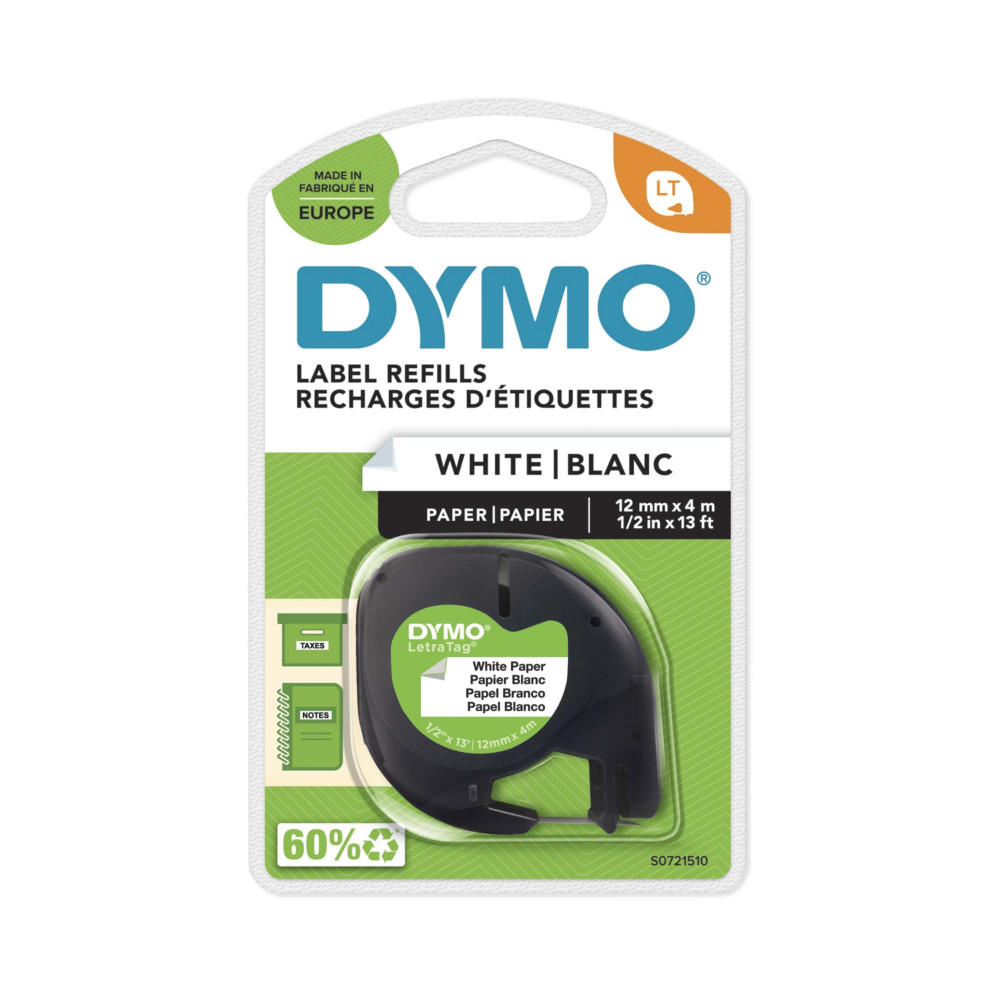 Dymo Ruban LT S0721510 papier LetraTAG - 12 mm x 4 m - Noir sur Blanc