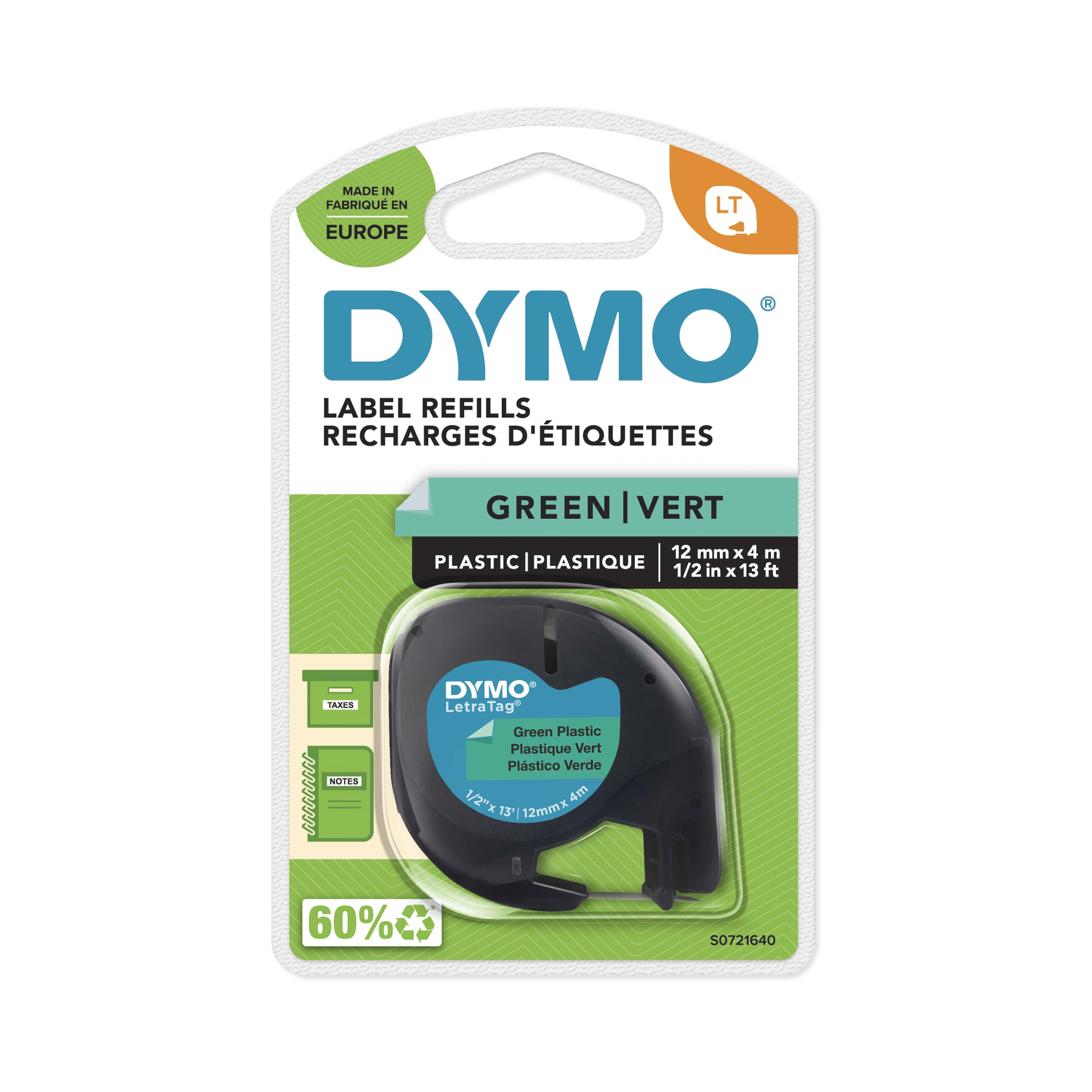 Dymo Ruban LT S0721640 plastique LetraTag - 12 mm x 4 m - Noir sur Vert