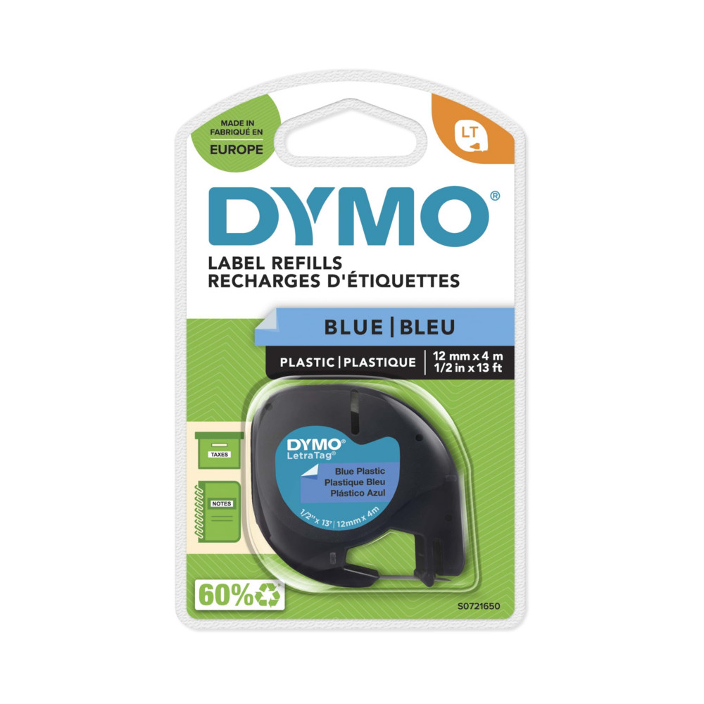 Dymo Ruban LT S0721650 plastique LetraTag - 12 mm x 4 m - Noir sur Bleu