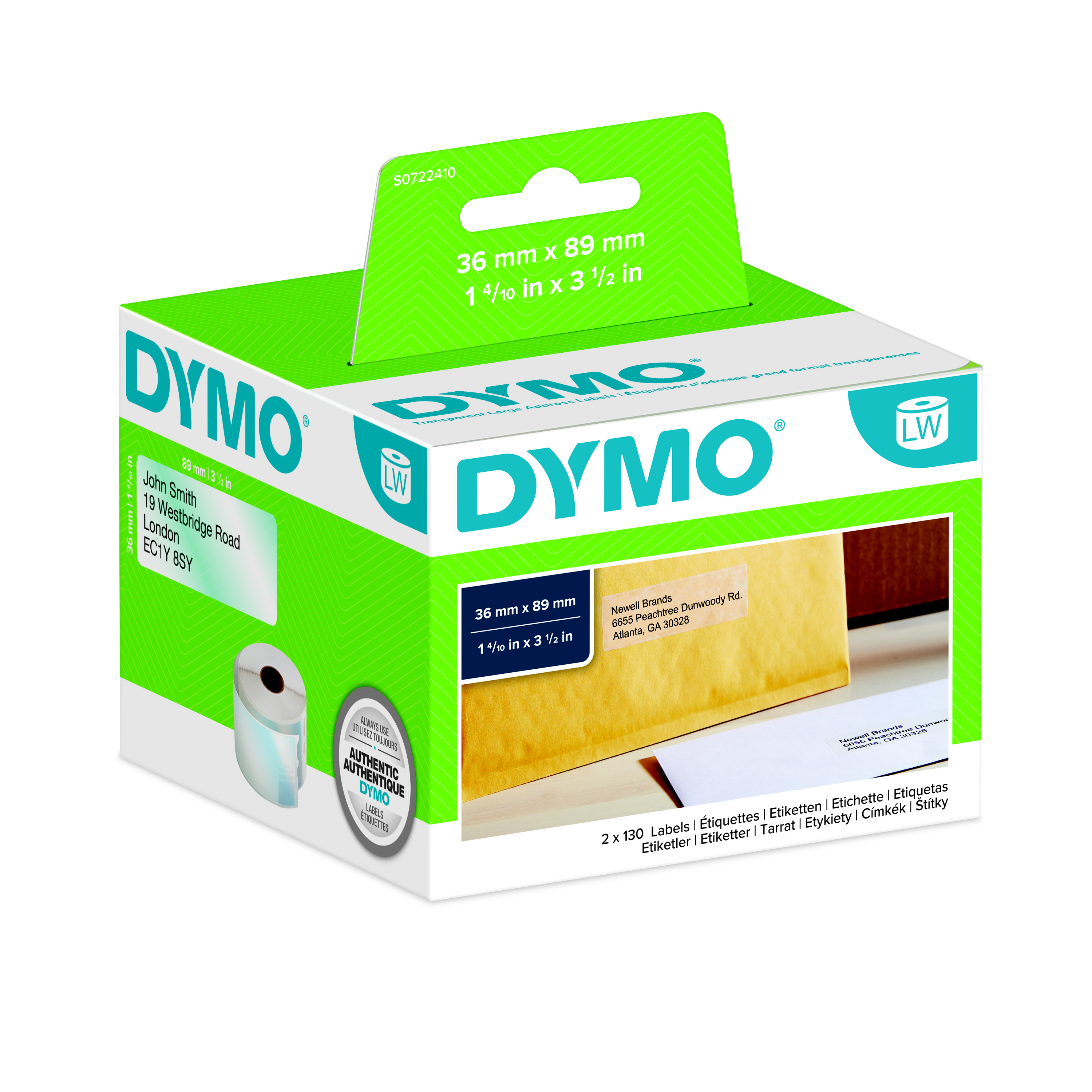 Dymo Étiquettes d'adresse grand format S0722410 LabelWriter - 36 x 89 mm - Noir sur Transparent - Rouleau de 260