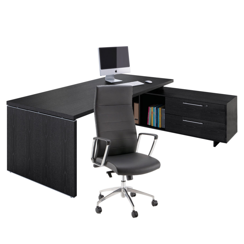 Pack Direction Bureau Flore avec retour suspendu - L.225 x P.170 cm - Plateau Frne noir - Pieds panneaux + Fauteuil Nell simili cuir Noir