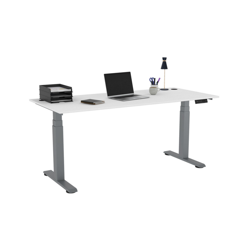 Bureau assis-debout Activ'o - Rglage lectrique en hauteur - L.180 x P.80 cm - Plateau Blanc avec obturateurs - Pieds mtal Gris