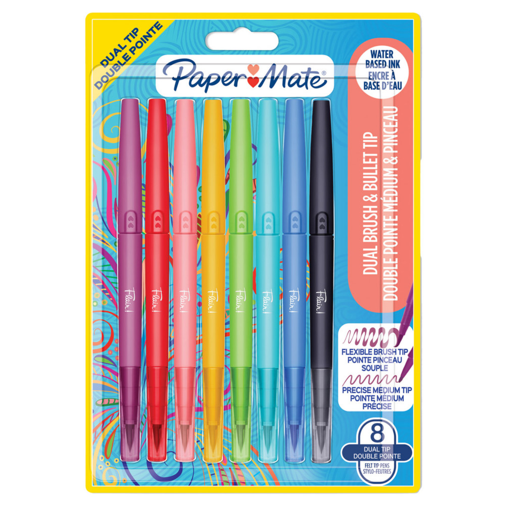 Paper Mate Flair Dual - Stylo feutre  double pointe pinceau et moyenne - Pochette 8 couleurs assorties