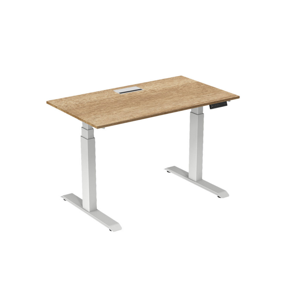 Bureau assis-debout Activ'o - Rglage lectrique en hauteur - L.140 x P.80 cm - Plateau Chne Nebraska avec top access - Pieds mtal Blanc