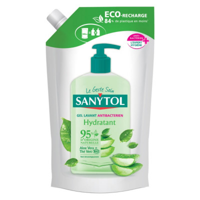 Sanytol Gel lavant antibactérien à l'Aloé Vera et au Thé Vert - Naturel Bio et hydratant - Gourde Eco-recharge 500 ml