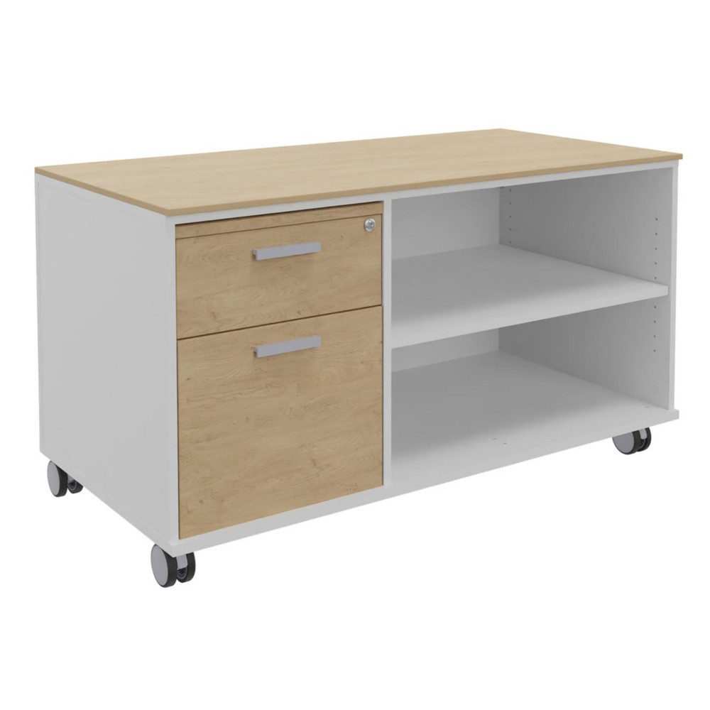 Meuble bas console mobile sur roulettes Rha - L. 120 x P. 60 x H. 66 cm - 2 tiroirs - Corps Blanc - Tiroirs Chne