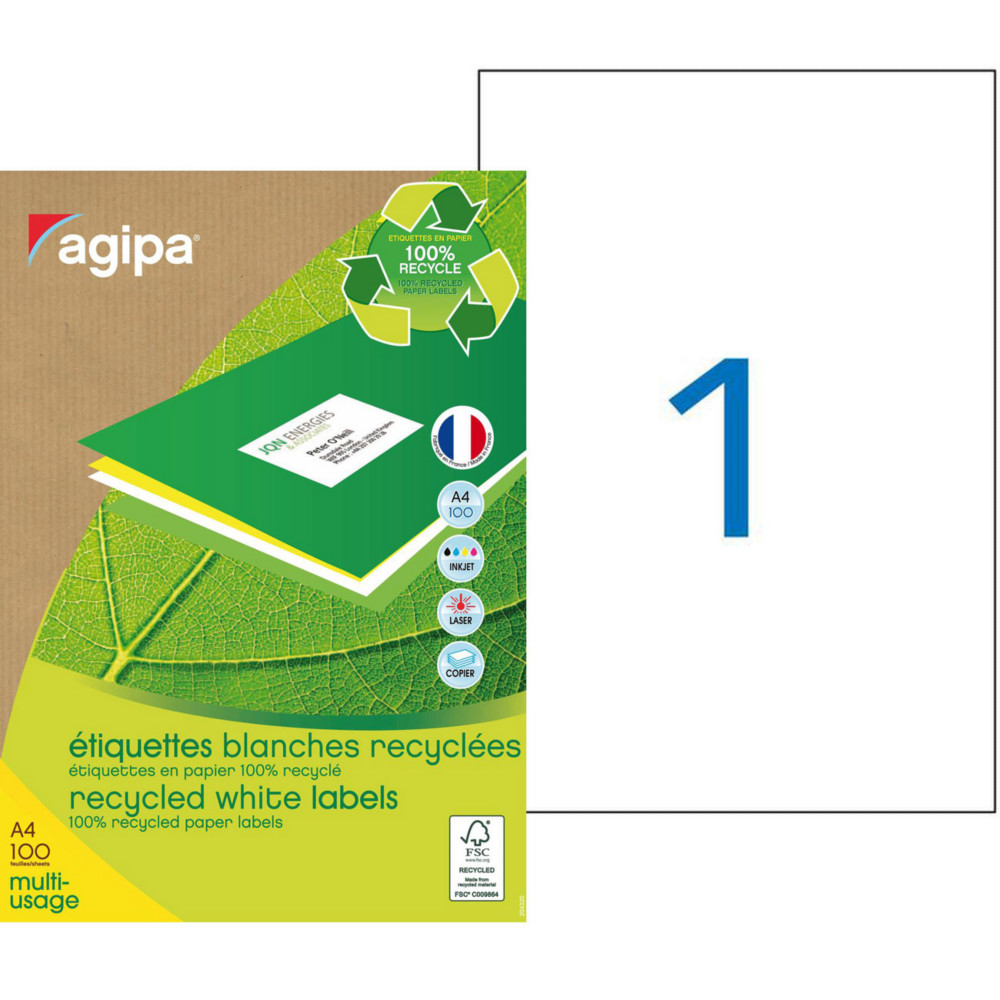 AGIPA 101195 Etiquettes blanches recycles multi-usage A4 210 x 297 mm - Bote de 100