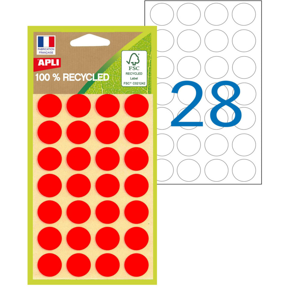 APLI Pastilles adhsives recycles  15 mm - 101784 - Pochette de 168 - Rouge