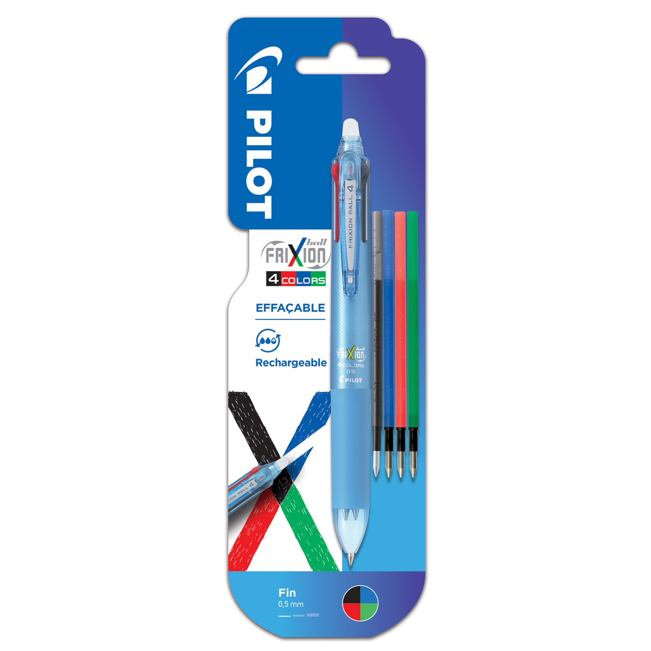 Pilot Recharge pour stylo 4 couleurs roller encre gel effaçable FriXion Ball Pointe fine Pochette de 4 coloris assortis