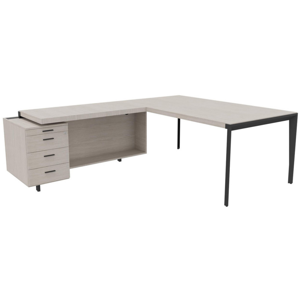 Bureau d'angle direction Arold 172 x 234 avec retour caisson porteur  gauche Placage bois orme gris - Pitement mtal gris