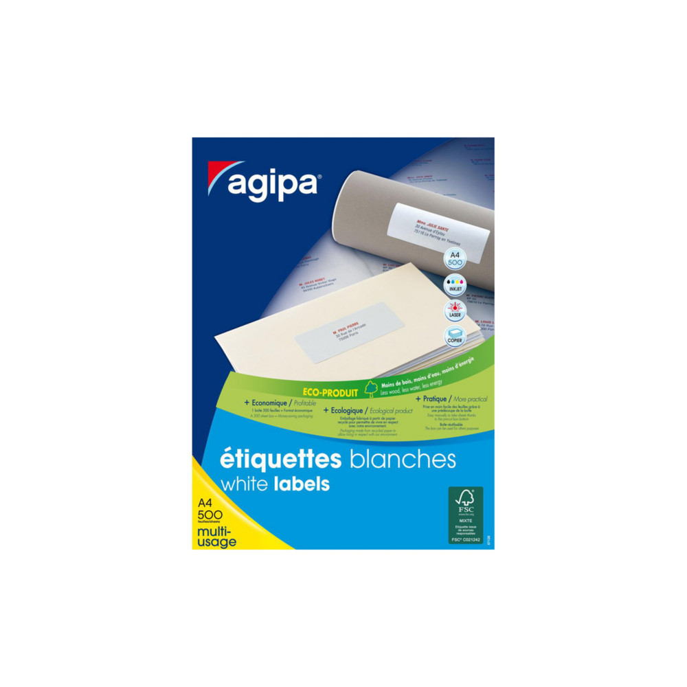 AGIPA 100805 Etiquettes blanches multi-usage 105 x 148,5 mm - Bote de 2000