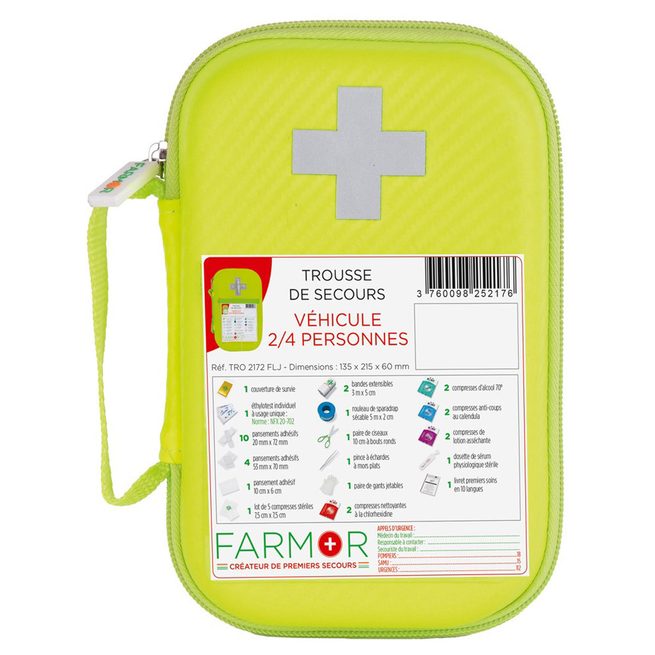 Farmor Trousses de secours Equipement des Vehicules 2 à 4 personnes - Malette semi-rigide imperméable Jaune - Lot de 10