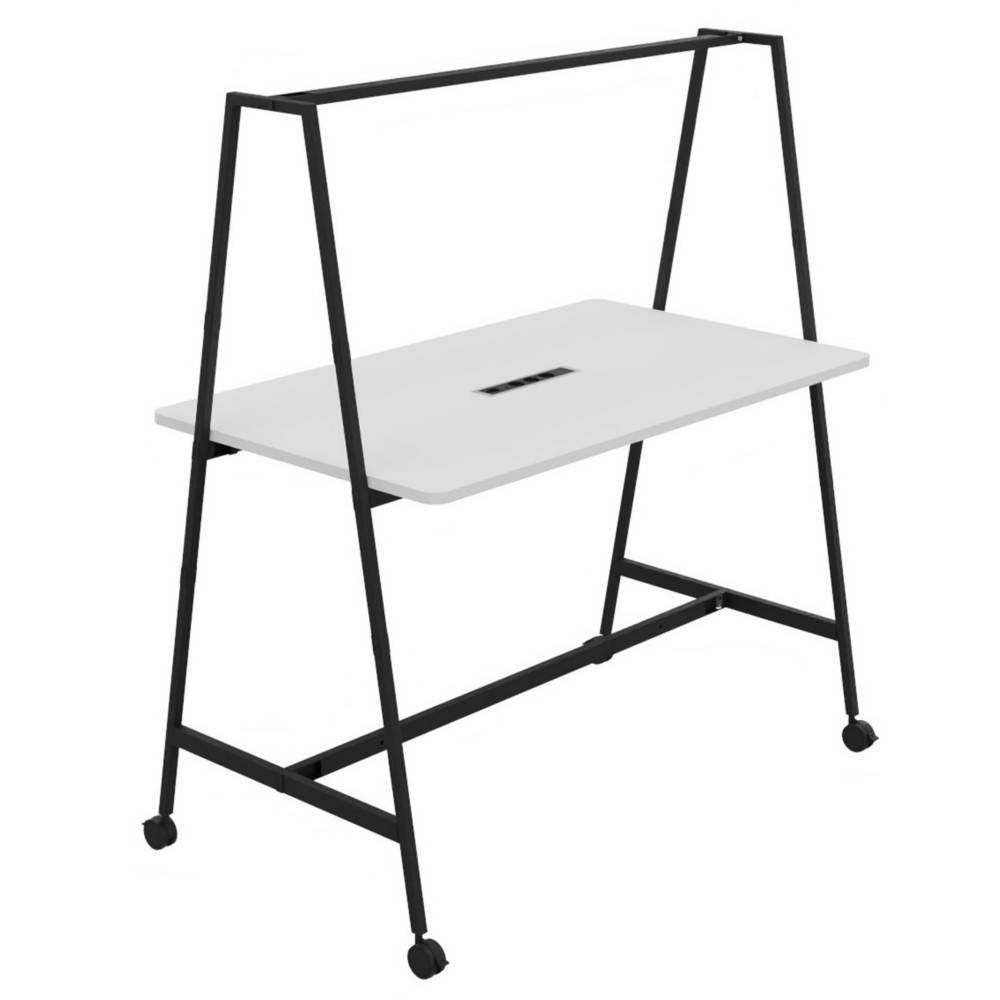 Table de coworking mobile rectangle Alto avec lectrification - H. 105 x L. 160 x P. 90 cm - Plateau Blanc - Pieds Noir