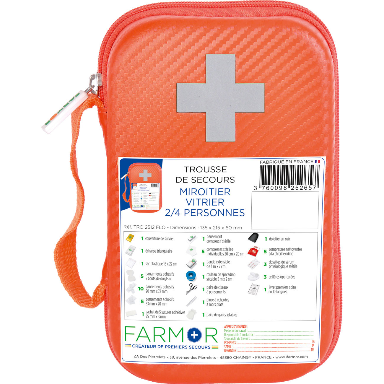 Farmor Trousses de secours Miroitier et Vitrier 2 à 4 personnes - Malette semi-rigide imperméable Orange - Lot de 10