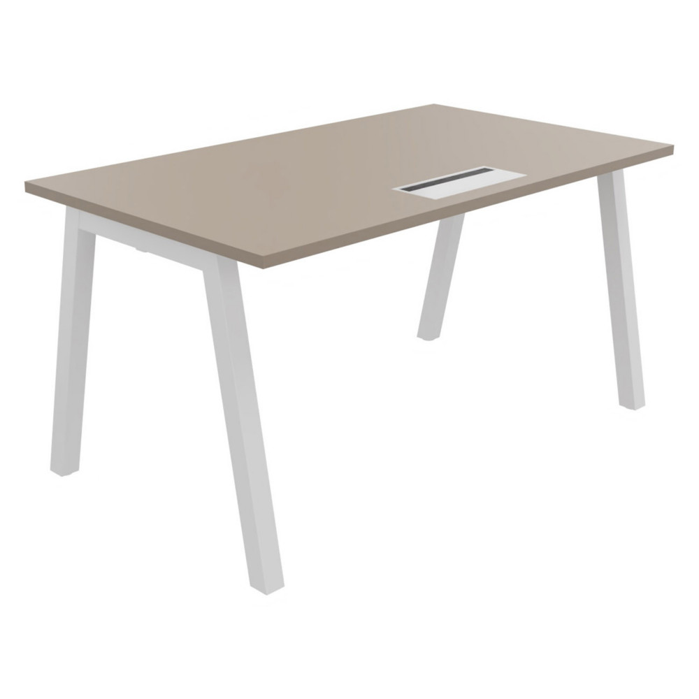 Bureau droit Burocolor A avec trappe d'accs - L.140 x P.80 cm - Plateau Argile - Pieds  Blanc