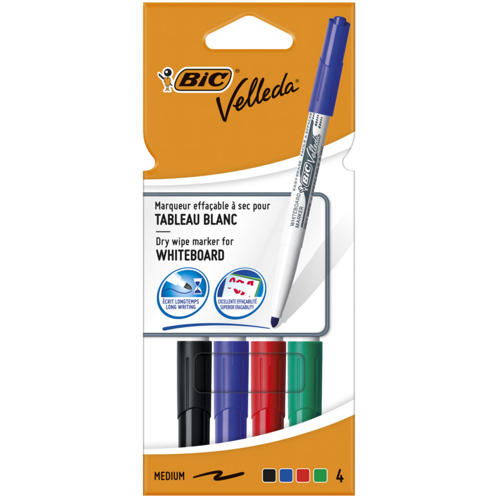 BIC Velleda 1741 Feutres pour Tableau Blanc Effaables  Sec, Pointe Conique Moyenne 1,4 mm - Marqueurs assortis pochettes 4 couleurs