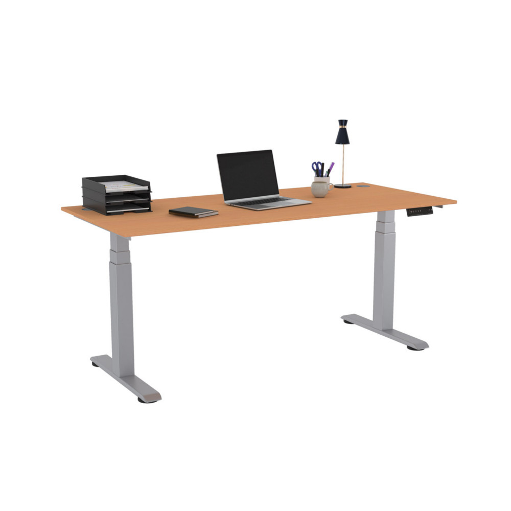 Bureau assis-debout Activ'o - Rglage lectrique en hauteur - L.180 x P.80 cm - Plateau Htre avec obturateurs - Pieds mtal Gris