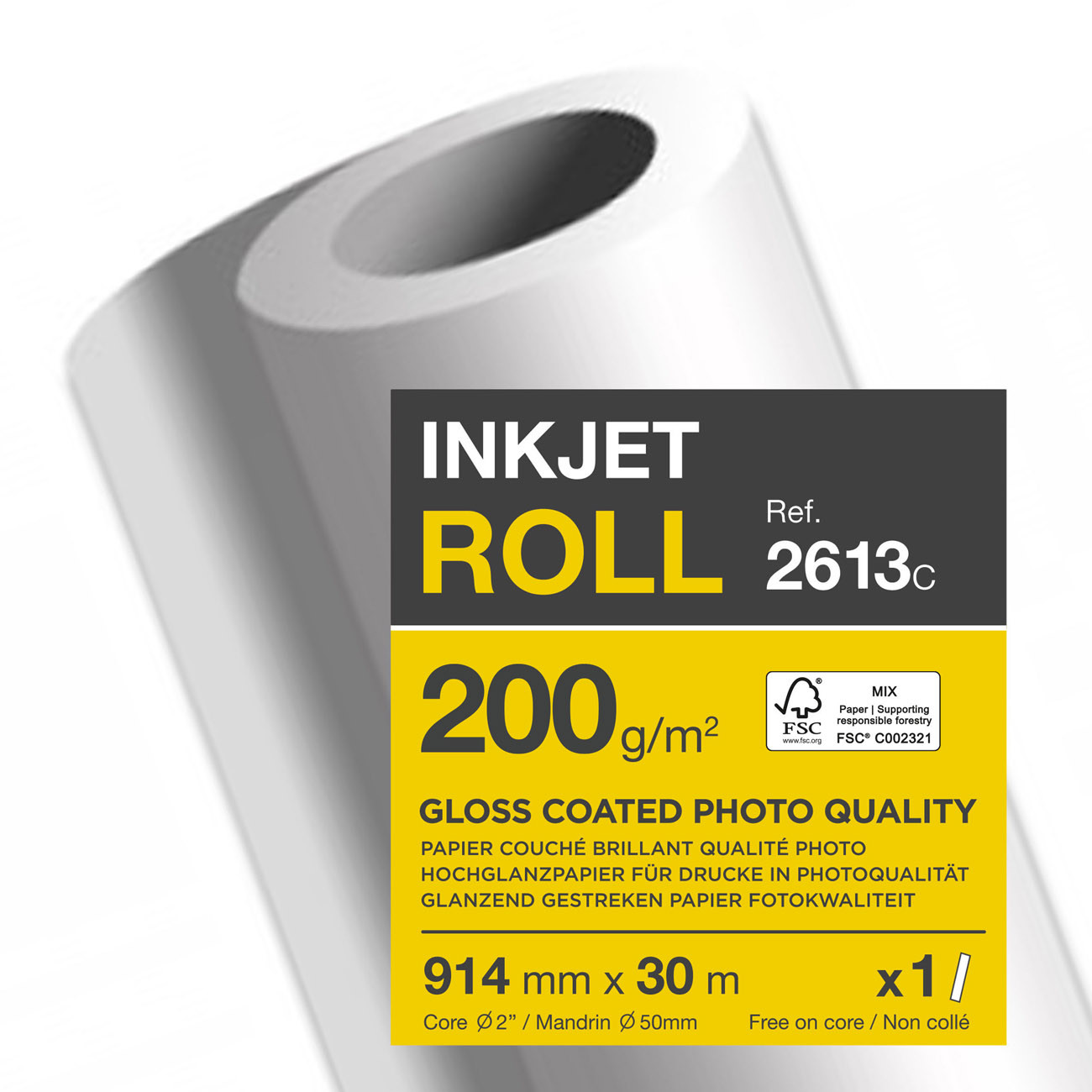 Clairefontaine Rouleau de papier blanc Glacé pour traceur jet d'encre ref 2613c - Format 914 mm x 30m - 200g - Mandrin de 50 mm