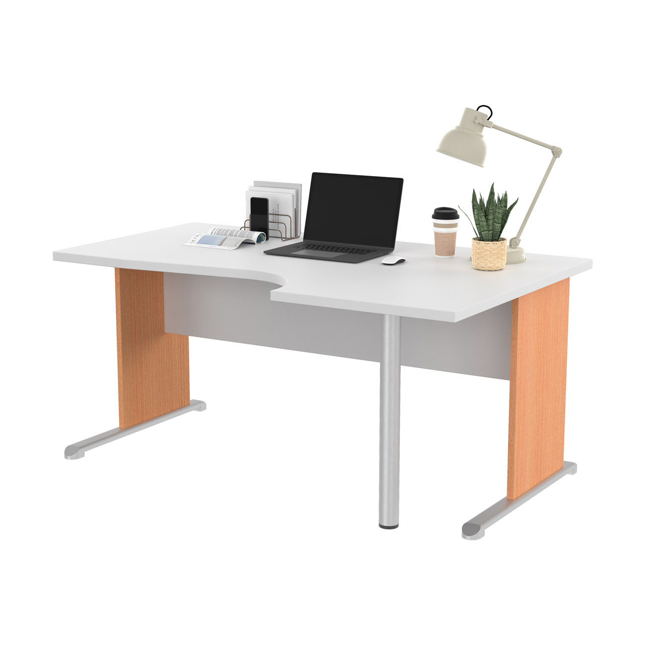 Bureau d'angle compact retour à droite Pronto Bois - L.160 x P.100 cm - Plateau Blanc - Pieds L Hêtre